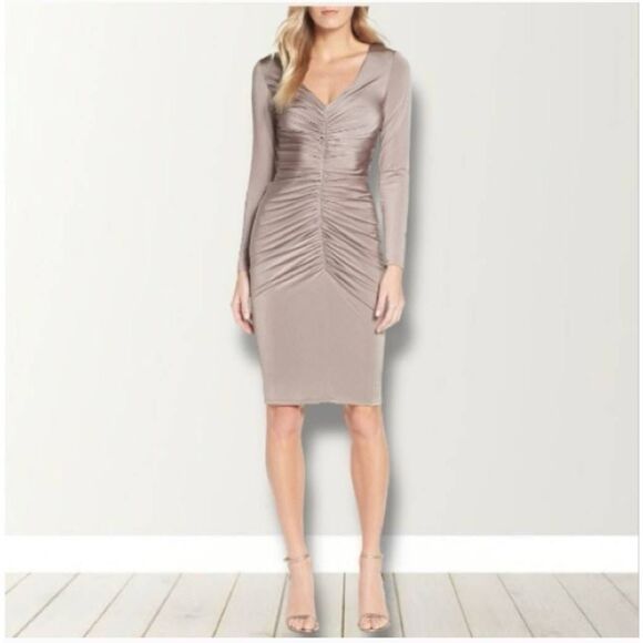 Eliza J Taupe Long Sleeve Ruched Cocktail Dress Size 14 NWT - Picture 1 of 7